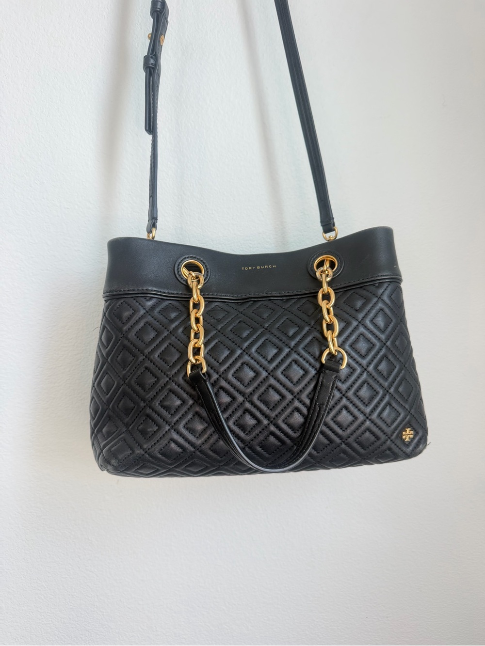 Tory Burch Black Quilted Leather Shoulder Bag with Gold Chain Accents